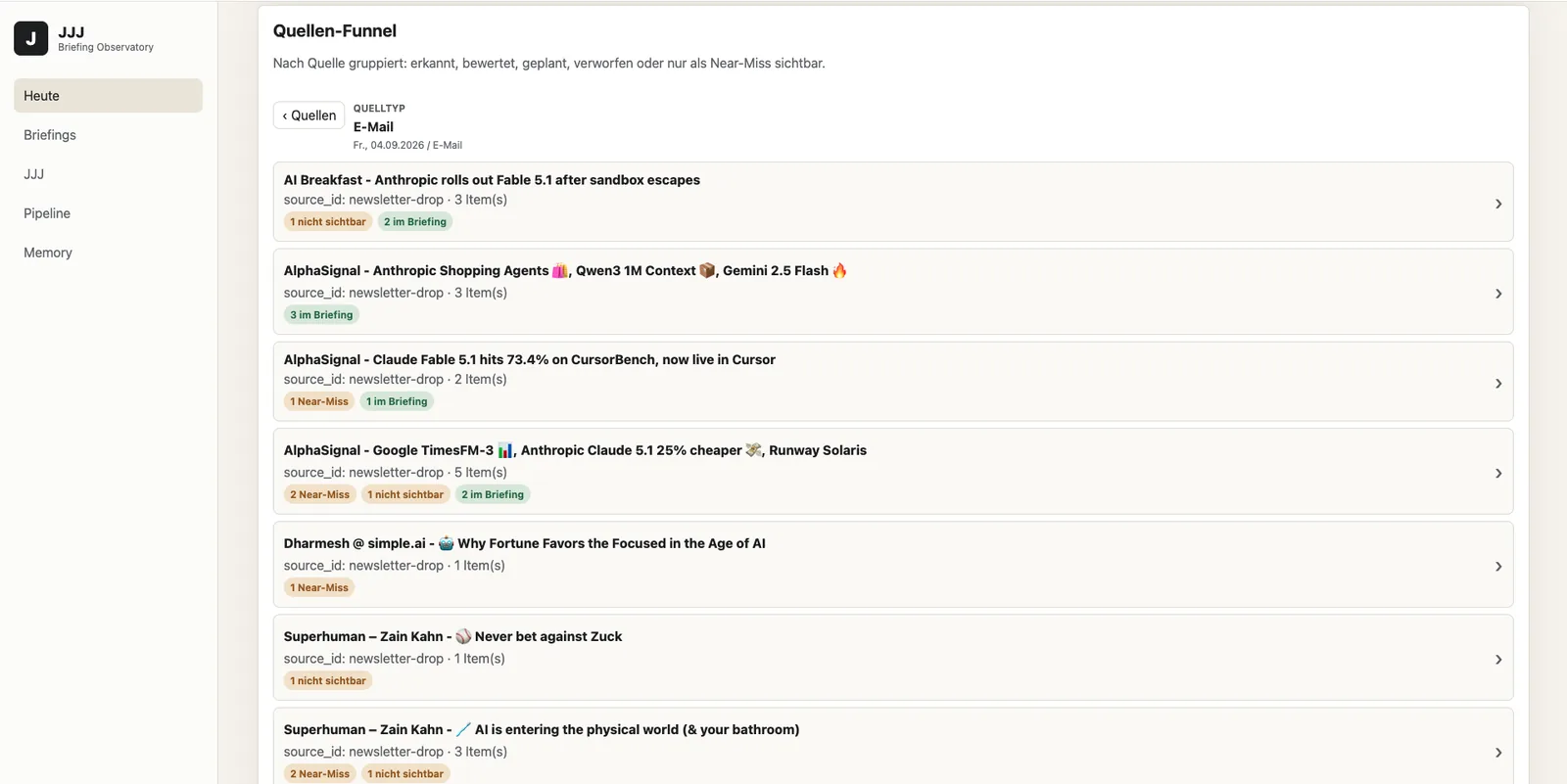 Source funnel view listing newsletter items with their relevance tags.