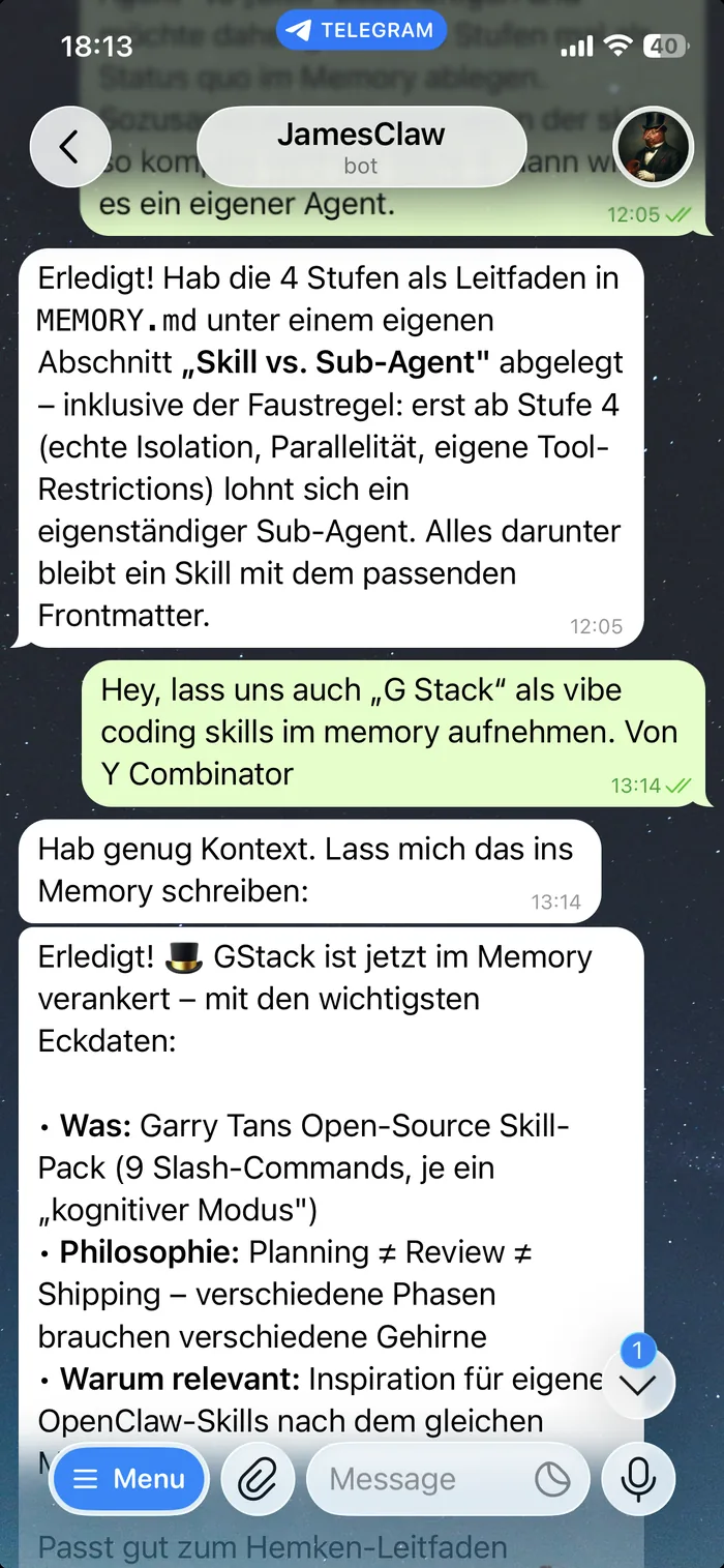 Telegram chat with James confirming a new memory entry.