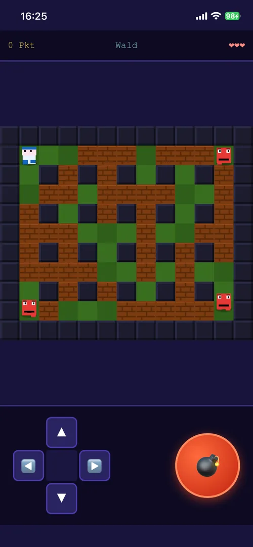 Arcade game with a maze grid and on-screen controls.