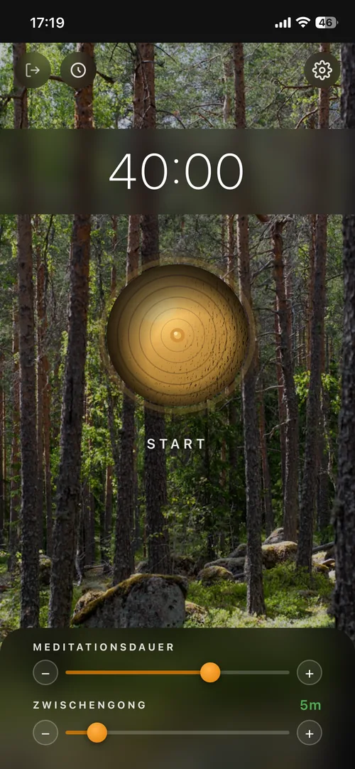 Meditation timer showing 40:00 over a forest background.