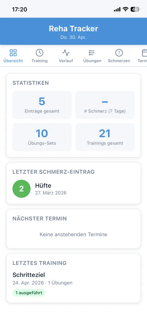 Rehab tracker dashboard with exercise statistics.