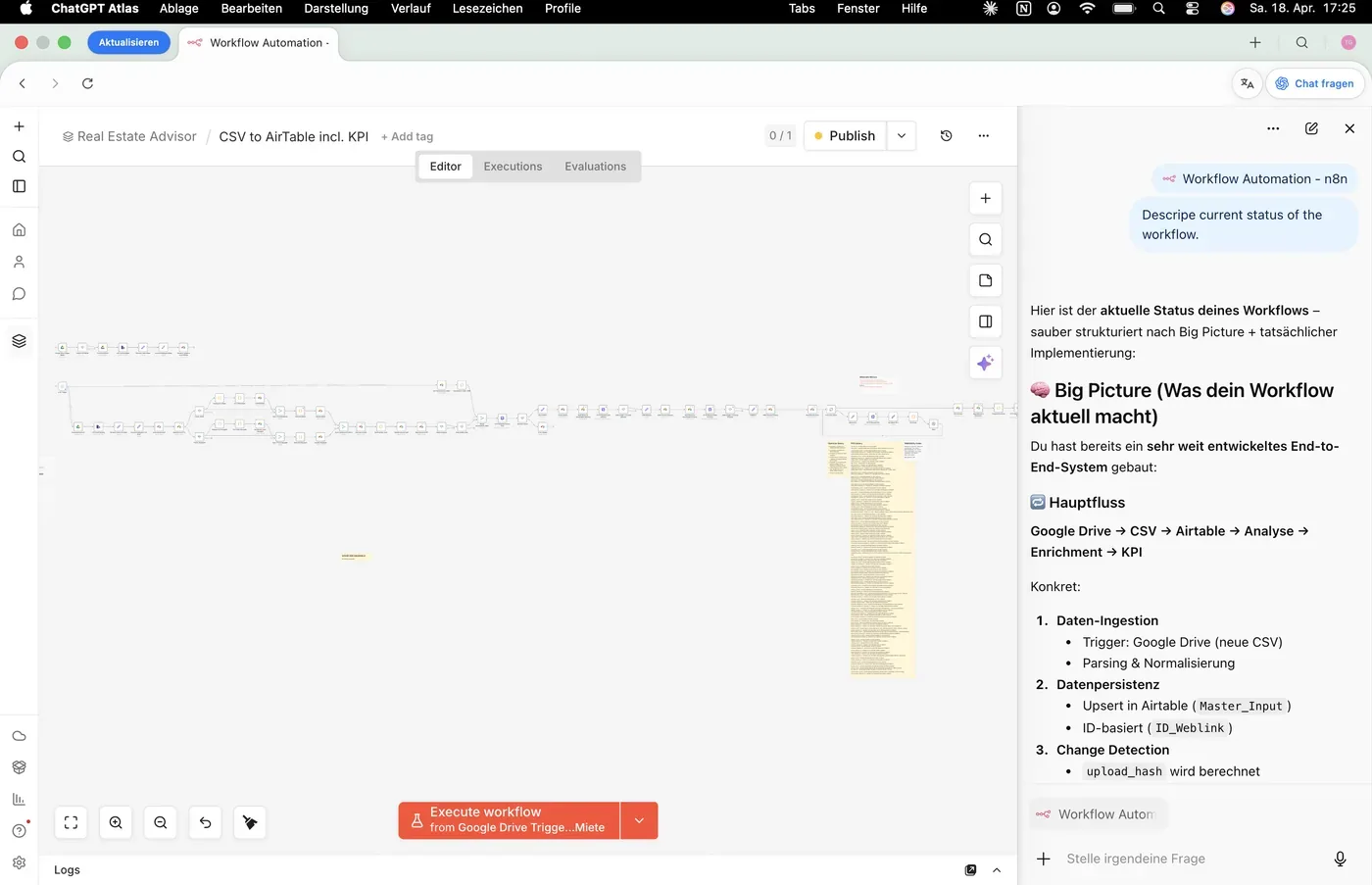 The n8n workflow editor next to an AI assistant summarising the workflow.