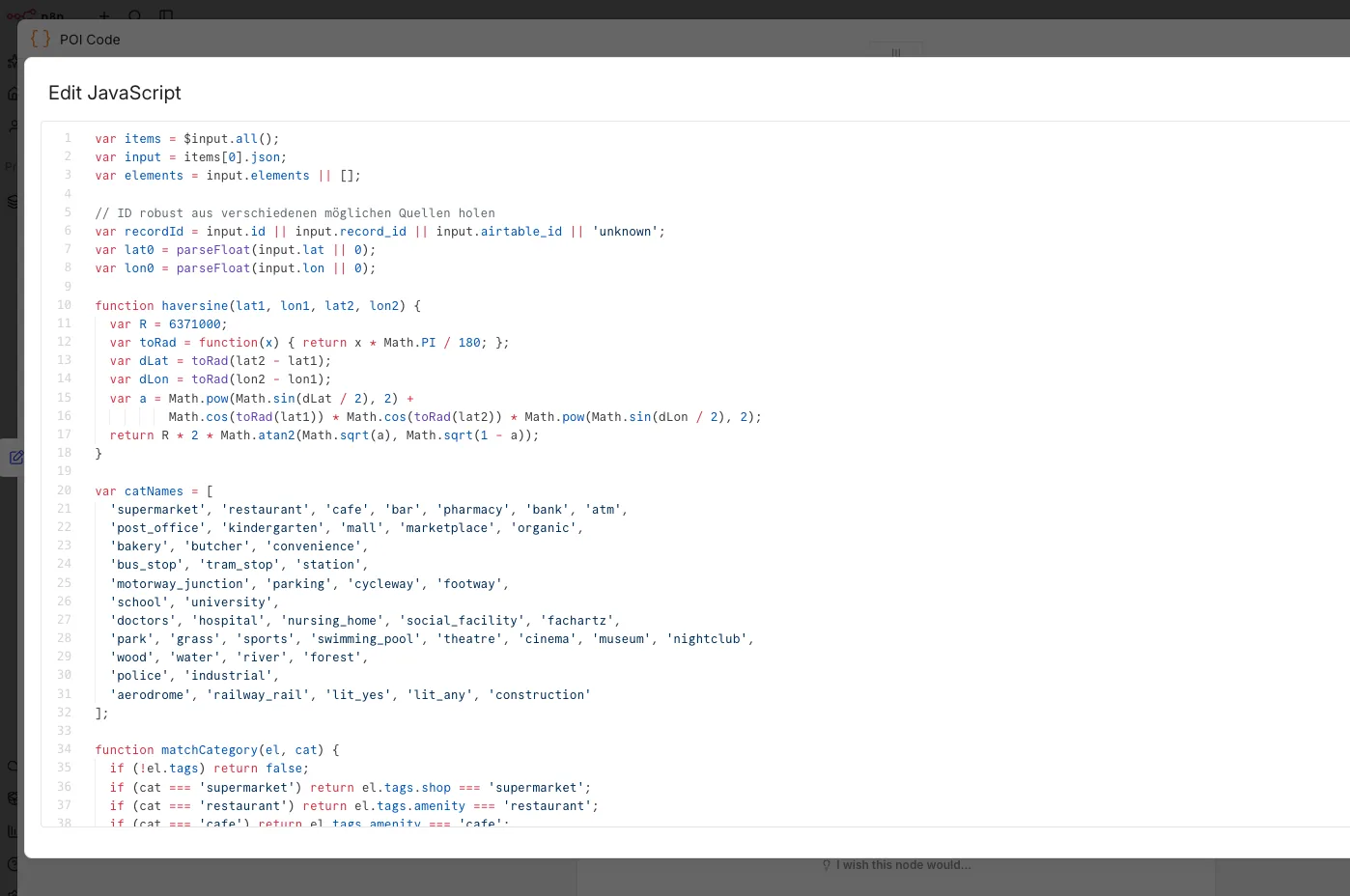 Code node calculating distances between a listing and points of interest.